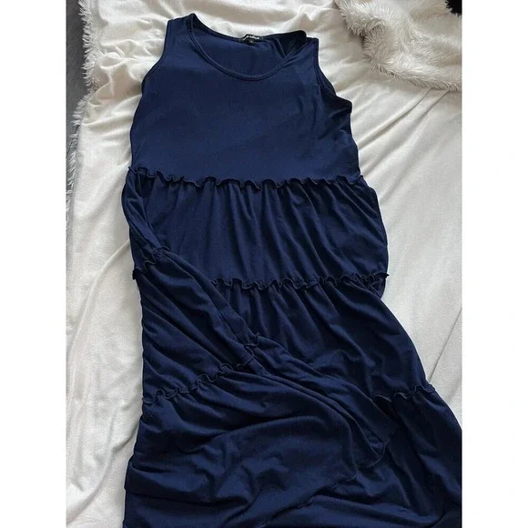 navy blue scoop neck tiered dress maxi L Soft Stretchy Comfortable Classic Style - Picture 4 of 5